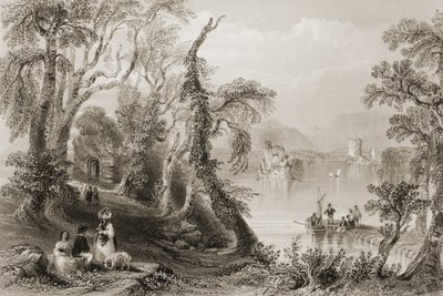 Innisfallen, Killarney Lake, Killarney megye, George Virtue „Scenery and Antiquities of Ireland” című művéből, 1860-as évek alkotó: William Henry Bartlett