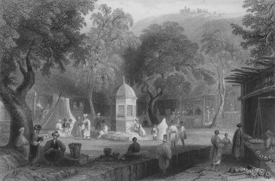 Piaci jelenet és szökőkút, Antiochia alkotó: William Henry Bartlett