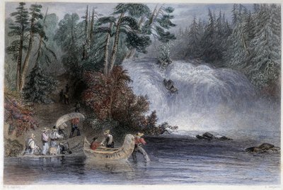 Férfiak kenuban a telepesek áradatánál – a W.H. által illusztrált „” kanadai tájban Bartlett, London alkotó: William Henry Bartlett