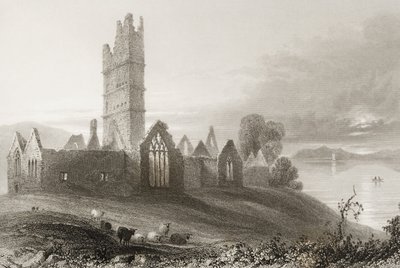 Moyne Abbey, Mayo megye, Írország, George Virtue „Scenery and Antiquities of Ireland” című művéből, 1860-as évek alkotó: William Henry Bartlett