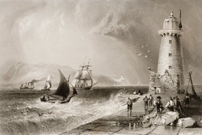 South Wall világítótorony Howth Hillnel a távolban, Dublin, a „Scenery and Antiquities of Ireland”, George Virtue, 1860-as évek alkotó: William Henry Bartlett