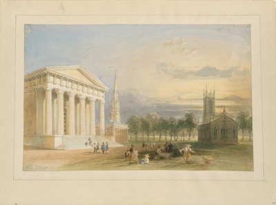 Tanulmány Bartlett Yale College-ról és az állami kapitóliumról készült látképéhez alkotó: William Henry Bartlett