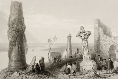 Az ókori kereszt és a kerek torony Clonmacnoisban, Offaly megyében, Írországban, a „Scenery and Antiquities of Ireland” című könyvből (lásd: 131074) alkotó: William Henry Bartlett