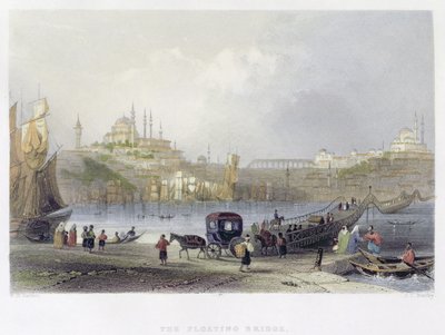 Az úszó híd, Isztambul, J.C. Bentley metszete, 1850 körül (aquatinta) alkotó: William Henry Bartlett