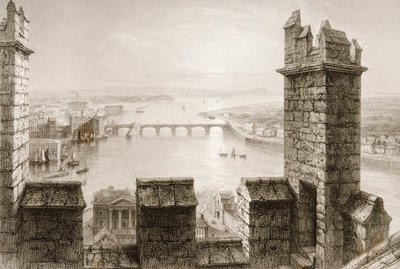 Shannon és Limerick folyó a katedrális toronyból, Limerick megye, George Virtue „Scenery and Antiquities of Ireland” című művéből, 1860-as évek alkotó: William Henry Bartlett