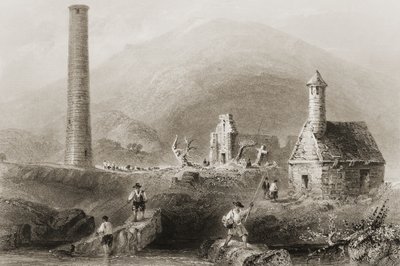 Glendalough romjai, Wicklow megye, Írország, George Virtue „Scenery and Antiquities of Ireland” című művéből, 1860-as évek alkotó: William Henry Bartlett