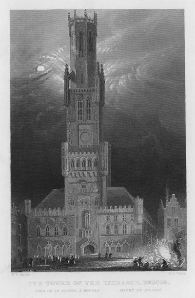 A Börze tornya, Bruges (metszet) alkotó: William Henry Bartlett