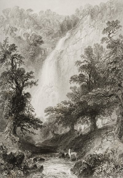 The Waterfall, Powerscourt, Wicklow megye, Írország, George Virtue „Scenery and Antiquities of Ireland” című művéből, 1860-as évek alkotó: William Henry Bartlett