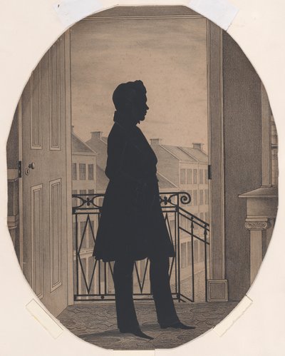 Egy fiatal férfi sziluettje nyitott ablak előtt, jobbra néz, 1860 előtt. alkotó: William Henry Brown