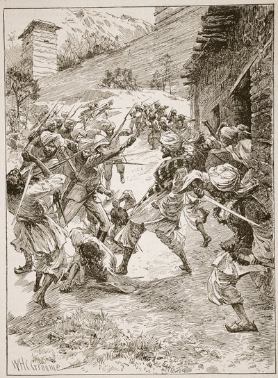 Harley hadnagy, negyven szikh és hatvan kasmíri élén, a házra rontott a bánya száján keresztül, illusztráció Archibald Forbes, G.A. Henty és a "Battles of the Nineteenth Century" című könyvéből. alkotó: William Henry Charles Groome