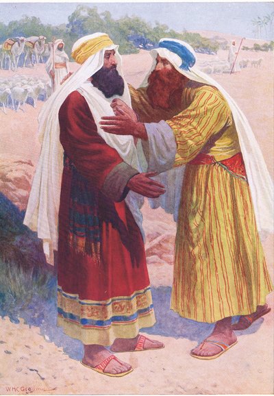 Jákob és Ézsau találkozása, a Thomas Nelson által kiadott Biblia Képeskönyvből, 1950 körül alkotó: William Henry Charles Groome