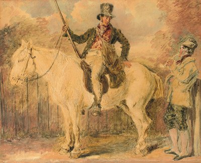 Egy vadőr egy lovon és egy másik férfi beszélget alkotó: William Henry Hunt