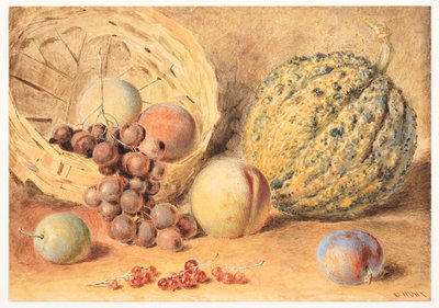 Kosár dinnyével, őszibarackkal, szőlővel és szilvával, 1804 körül (grafit, akvarell gumiarábikummal, testszín és kikarcolt szőtt papír) alkotó: William Henry Hunt