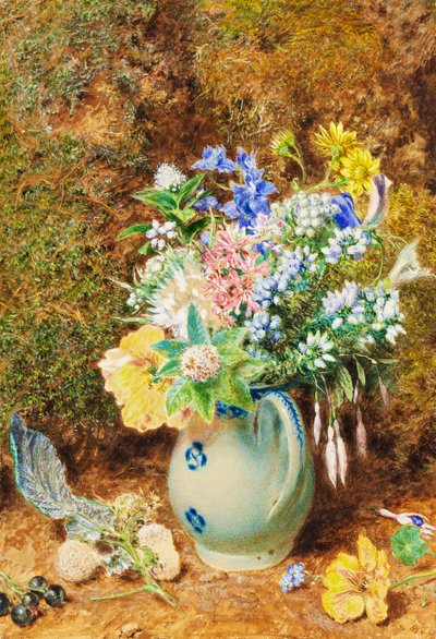 Halványkék kínai korsó fenyőkkel és kis virágokkal, 1860 körül alkotó: William Henry Hunt