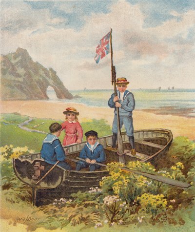 Gyerekek csónakban játszanak a tengerparton (chromolitho) alkotó: William Henry James (after) Boot