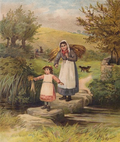 Nő és lány átkelés egy patakon lépcsőkön (kromolito) alkotó: William Henry James (after) Boot