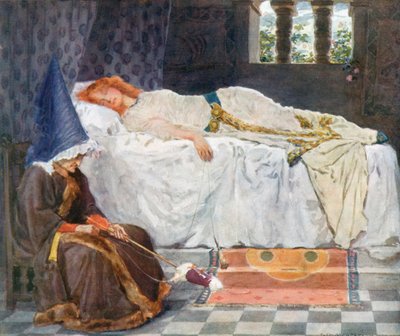 Szeme csukva volt, haja a napsütéstől megérintett aranyszálakként hevert a havas párnán. alkotó: William Henry Margetson