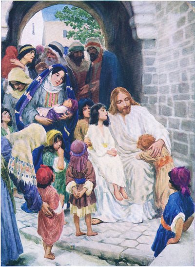 Jézus és a gyerekek, a Thomas Nelson által kiadott Biblia Képeskönyvből, 1950 körül alkotó: William Henry Margetson