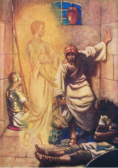 Péter kiszabadult a börtönből, a Thomas Nelson által kiadott Biblia Képeskönyvből, 1950 körül alkotó: William Henry Margetson