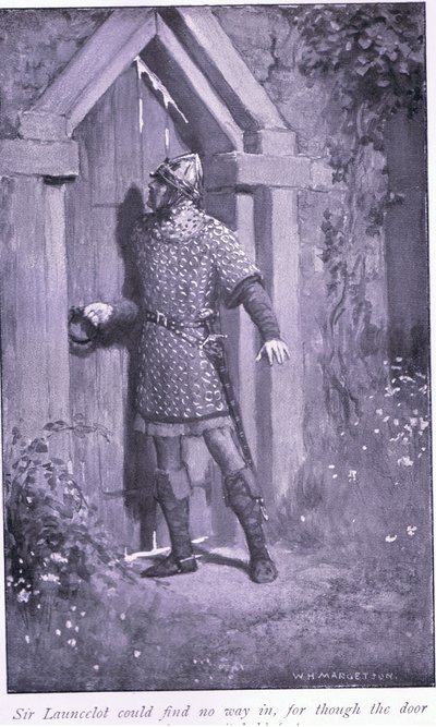 Sir Launcelot nem talált bejáratot, mert bár az ajtó öreg és kopott volt, de szilárdan tartotta magát. alkotó: William Henry Margetson