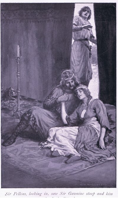 Sir Pelleas benézett, és látta, hogy Sir Gawaine lehajol és megcsókolja Ettard hölgyet alkotó: William Henry Margetson