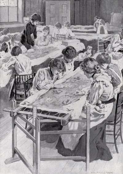 A Királyi Művészeti Iskola diákjai kézimunka a királyok koronázási köntösét hímzve alkotó: William Henry Margetson