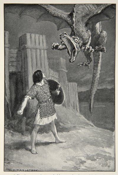 A sárkány feléje süllyedt, és kinyitotta szörnyű állkapcsait, M.I. „A brit faj hősi mítoszai és legendái” című művéből. Ebbutt, 1910 alkotó: William Henry Margetson