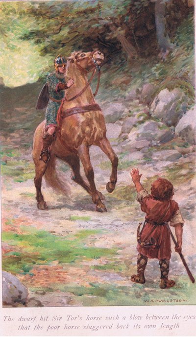 A törpe akkora ütést mért Sir Tor lovára a szeme közé, hogy szegény ló hátratántorodott a maga hosszában. alkotó: William Henry Margetson