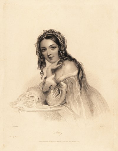 Amy portréja. A szépség fátylat visel, hosszú haja fölött, hermelin szegélyű vállú ruha, kezében gyöngy nyaklánc. William Henry Mote acéltörzs-metszete John Hayter illusztrációja után Charles Heath angol gyöngyei vagy Portrék for th című művéből alkotó: William Henry Mote
