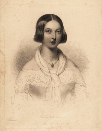 Fiatal Viktória királynő, a húszas évek elején. William Henry Mote acéltörzs-metszete William Drummond illusztrációja után Charles Heath English Pearls vagy Portrés for the Boudoir, Tilt and Bogue, London című művéből alkotó: William Henry Mote