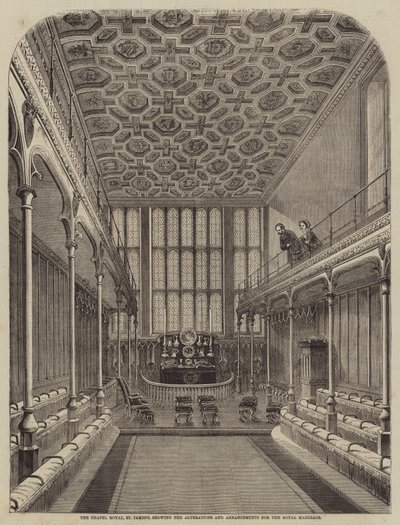 A királyi kápolna, St. Jamess, a királyi házasságkötéshez szükséges átalakítások és előkészületek bemutatása alkotó: William Henry Prior