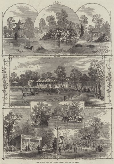 A királynő látogatása a Victoria Parkban, kilátás a parkban alkotó: William Henry Prior