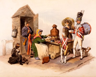 Egy Sallop eladó melegített forró italokat felszolgáló „The Costumes of Great Britain”, 1808-ból alkotó: William Henry Pyne