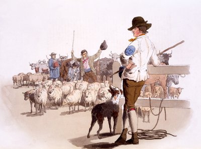 Birka- és szarvasmarhapásztorok, a The Costumes of Great Britain, kocsma. Henry Miller, 1805 (kézzel színezett nyomat) alkotó: William Henry Pyne