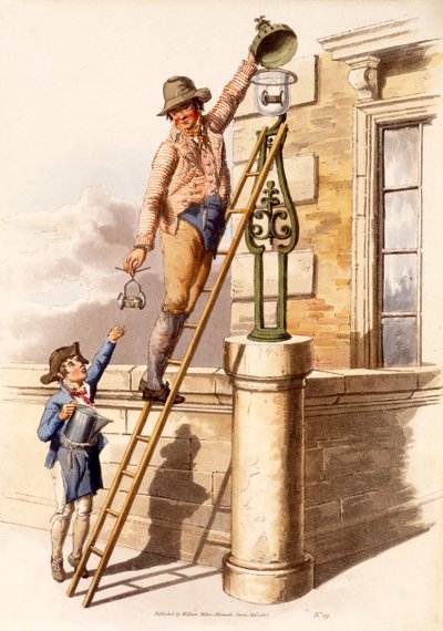 Lámpagyújtó, a The Costumes of Great Britain-ból, pub. Henry Miller, 1805 (kézzel színezett nyomat) alkotó: William Henry Pyne
