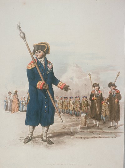 Parish Beadle polgári viseletben, bottal, 1805-ben alkotó: William Henry Pyne