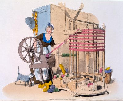 Gyapjút fonó nő gombolyag készítő forgó gépen, 1808 (kézzel színezett akvatinta) alkotó: William Henry Pyne