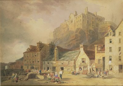 Edinburgh-i kastély a Grass Marketről, a kis nyugati kikötővel, 1820 körül (wc és szépia) alkotó: William Henry Stothard