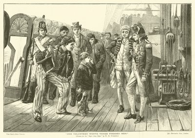 Egy önkéntes három préselt embert ér (metszet) alkotó: William Heysham (after) Overend
