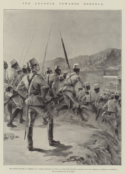 Előrenyomulás Dongola felé, a 11. szudanai ezred néger zászlóaljának parancsnoka, a brit tiszt, aki figyeli embereit a Shellalban, március 18-án (litho) alkotó: William Heysham (after) Overend