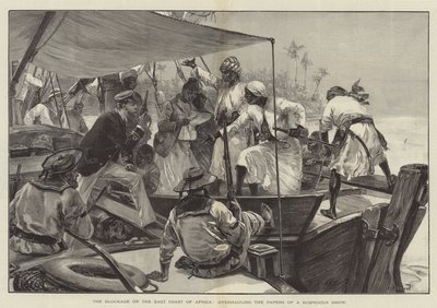 A blokád Afrika keleti partján, egy gyanús dhow papírjainak átdolgozása (metszet) alkotó: William Heysham (after) Overend