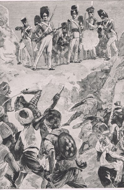 Carmichael követői egy sortüzet lőttek a sűrű embercsoportba: Bharatpur-i csata 1826, illusztráció a brit szárazföldi és tengeri csatákból, 1915 alkotó: William Heysham Overend