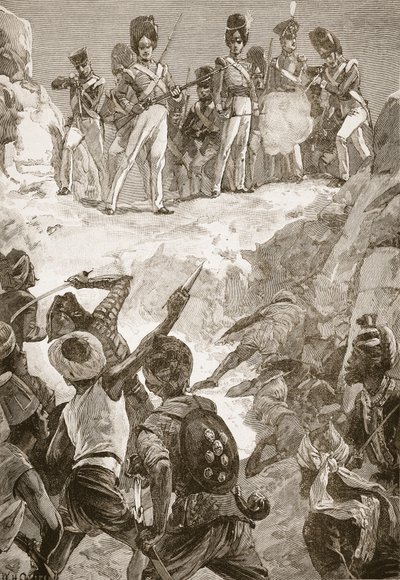 Carmichael követői az előttük lévő sűrű embertömegbe lőttek, illusztráció Archibald Forbes, G.A. Henty és Arthur Griffiths őrnagy "Battles of the Nineteenth Century" című könyvéből. alkotó: William Heysham Overend