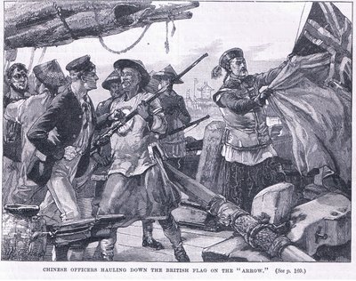 Kínai tisztek lehúzzák a brit zászlót a „nyíl”-on, i.sz. 1856 alkotó: William Heysham Overend