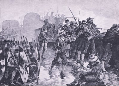 Egy láger védelme a zulu támadás ellen, illusztráció a brit szárazföldi és tengeri csatákból, 1915 alkotó: William Heysham Overend