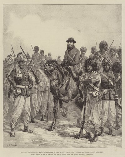 Ghous-ud-din Khan tábornok, a penjdehi afgán csapatok parancsnoka afgán katonáival alkotó: William Heysham Overend