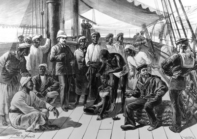 Stanley úr és néhány afrikai követője a HMS Industry fedélzetén, megjelent a „The Illustrated London News”-ban, 1878. január 5. alkotó: William Heysham Overend