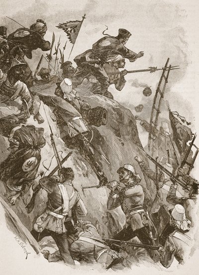 „Rogers beszállt, Lenon hadnagy segítette”, illusztráció a „Tizenegyedik század csatái” című művéből, Archibald Forbes, G.A. Henty és Arthur Griffiths őrnagy alkotó: William Heysham Overend