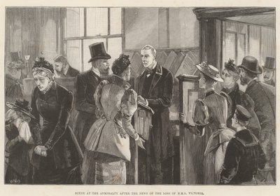 Jelenet az Admiralitásnál a HMS Victoria elvesztésének híre után alkotó: William Heysham Overend
