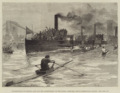Sculling-verseny hétfőn Utolsó a világbajnoksághoz, a Hammersmith Bridge felett vázlatosan alkotó: William Heysham Overend